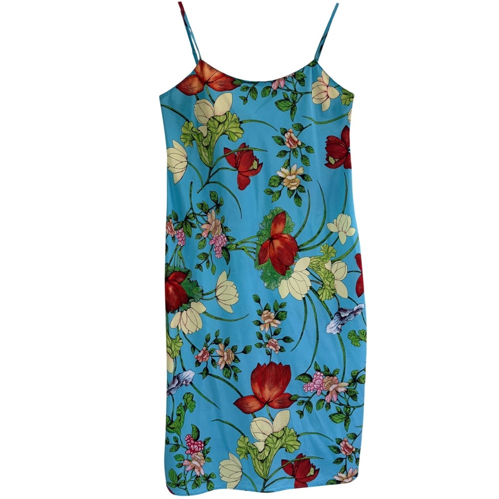 Natori Floral Satin Slip Midi Dress Womens Medium Blue Chemise Nightgown‎